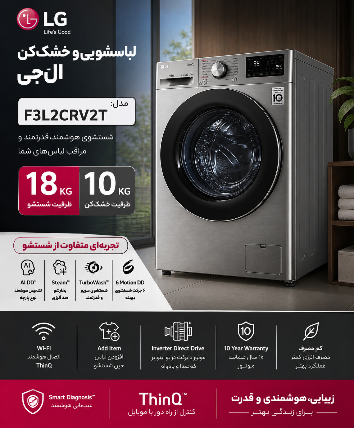 لباسشویی و خشک کن ال حی مدل F3L2CRV2T